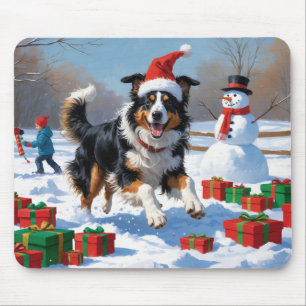 Tapis De Souris Rough Collie Courir dans la neige avec le Casquett