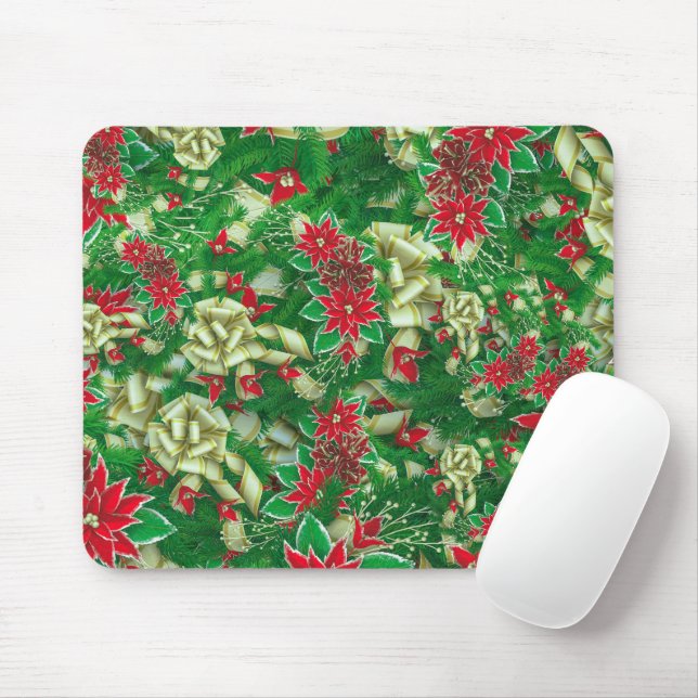 Tapis De Souris Rubans Feuille Poinsettia Fir Noël Floral | (Avec souris)
