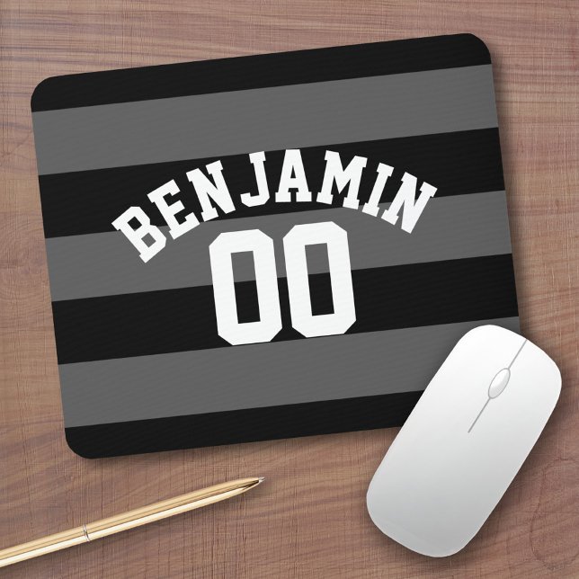 Tapis De Souris Rugby argenté noir et gris Numéro de nom (Personalized Mousepad - Sports Jersey Theme with custom name)