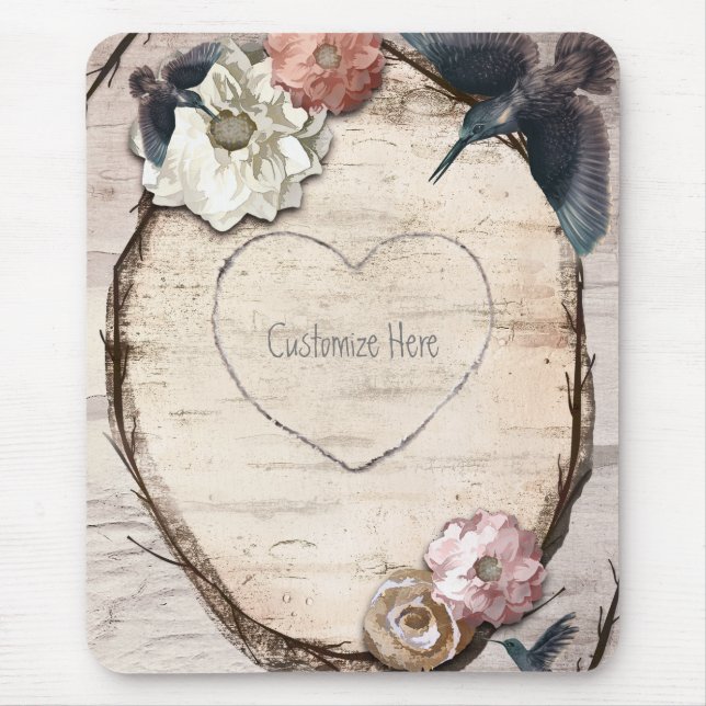 Tapis De Souris Rustique Blanc Birch Floral & Hummingbird Élégant (Devant)