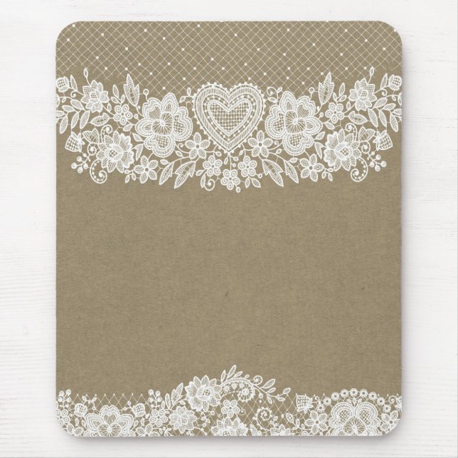 Tapis De Souris Rustique Kraft & dentelle blanche Farmhouse Chic (Devant)