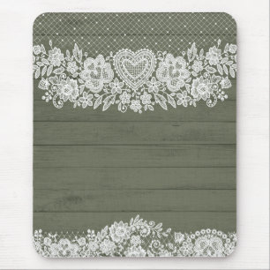 Tapis De Souris Sage Green Rustique Bois et blanc dentelle Lacy Fa