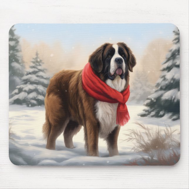 Tapis De Souris Saint Bernard Chien à Noël de neige (Devant)