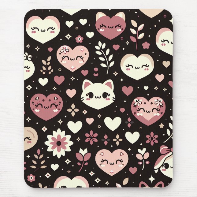 Tapis De Souris Saint Valentin Kawaii Chats Coeurs Motif (Devant)