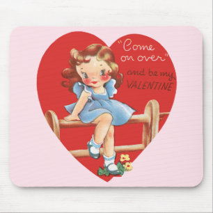Tapis De Souris Saint-Valentin Mignon Vintage, Fille sur une Clôtu
