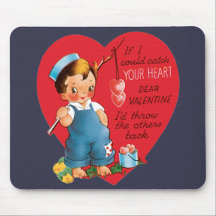 Tapis De Souris Saint-Valentin rétro, garçon vintage pêchant des c