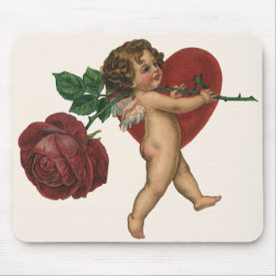 Tapis De Souris Saint-Valentin Vintage Chérubin et Rose Victorienn