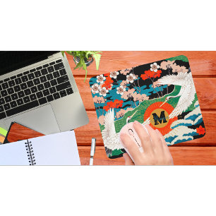 Tapis De Souris Sakura japonais vintage et Grues à couronne rouge
