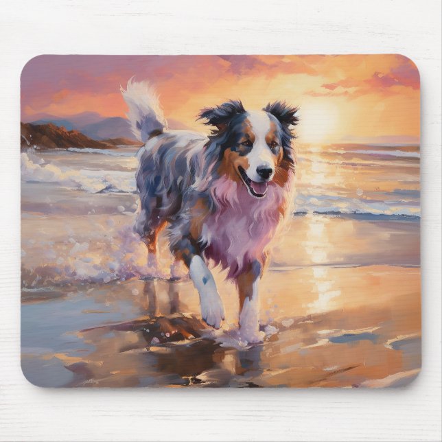 Tapis De Souris Sandy Australian Shepherd Dog on Beach Sunset (Devant)