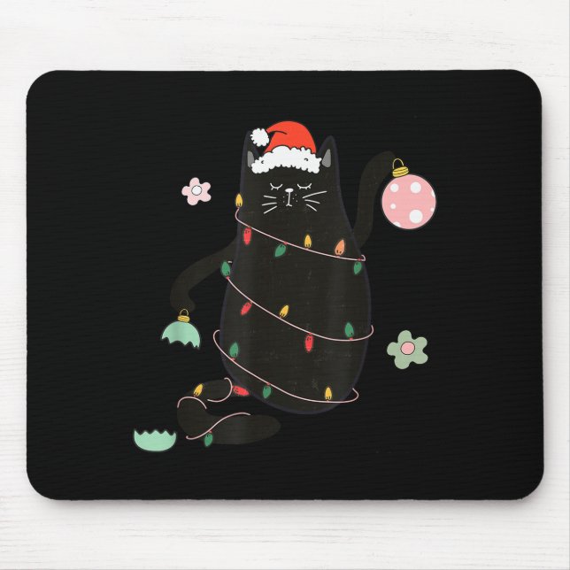 Tapis De Souris Santa Black Cat Tangled Up In Christmas Tree Light (Devant)