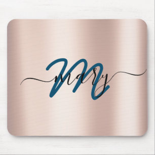 Tapis De Souris Sarcelle. Rose bleu Nom minimal Monogramme. Lux