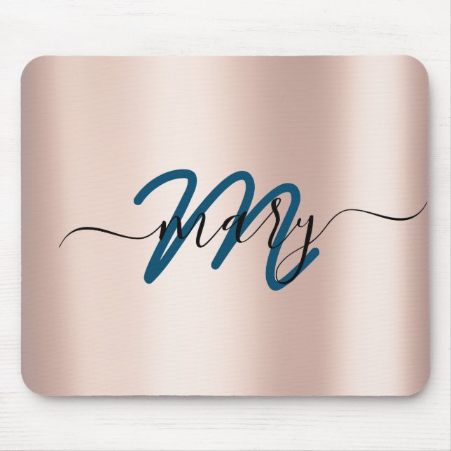 Tapis De Souris Sarcelle. Rose bleu Nom minimal Monogramme. Lux (Devant)