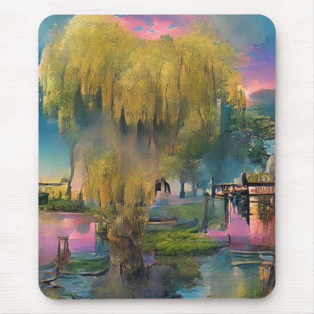 Tapis De Souris Saule au coucher du soleil près de l'étang (Devant)