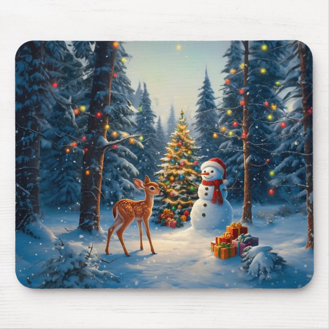 Tapis De Souris Scene d'arbre de Noël Cute Deer Fawn Snowman (Devant)