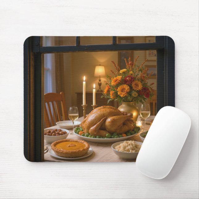Tapis De Souris Scène de festin de Thanksgiving dans une fenêtre (Avec souris)