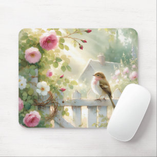 Tapis De Souris Scène de jardin à la rose et aux oiseaux à l'aquar