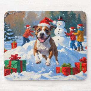 Tapis De Souris Scène de neige festive de Noël avec un Bull Terrie