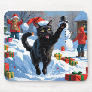 Tapis De Souris Scène de neige festive de Noël de chat noir