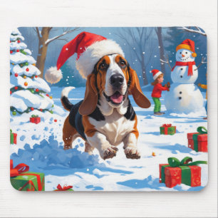 Tapis De Souris Scène de Noël festive avec Basset Hound dans la ne