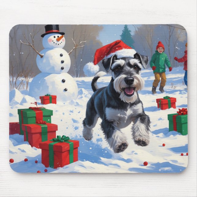 Tapis De Souris Schnauzer coule en neige avec le Casquette de Noël (Devant)