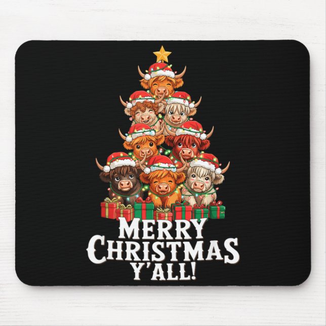 Tapis De Souris Scottish Highland Cow Christmas Tree Funny Cow Lov (Devant)