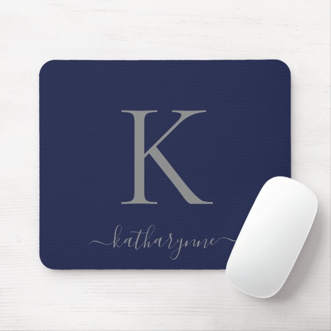 Tapis De Souris Script de monogramme en argent bleu marine (Avec souris)