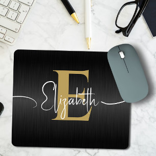 Tapis De Souris Script moderne Black Gold Monogrammed Girly Élégan