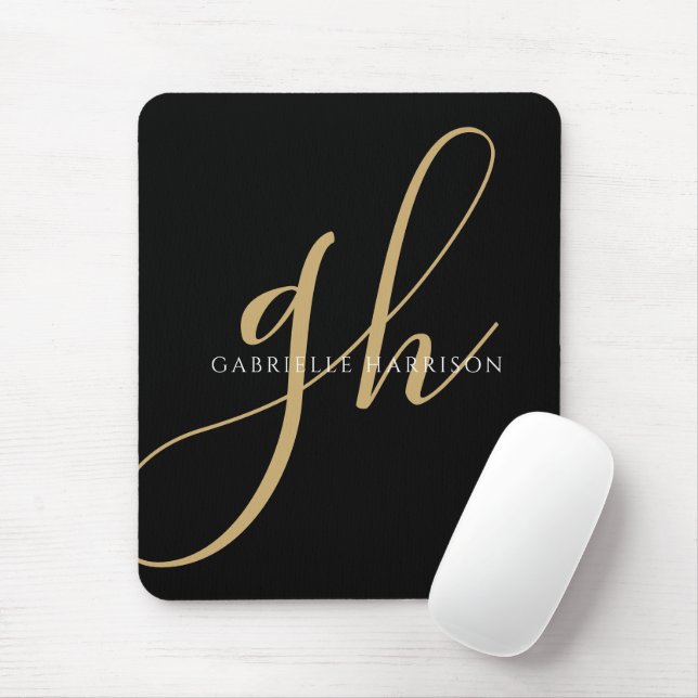 Tapis De Souris Script moderne élégant Monogramme Nom Black Gold (Avec souris)