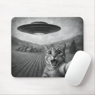 Tapis De Souris Selfie De Chat Avec Alien UFO Drôle Cadeaux De Cha