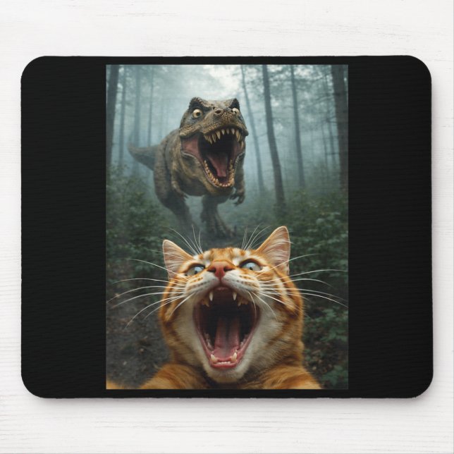 Tapis De Souris Selfie de chat orange avec T-Rex dinosaure drôle d (Devant)