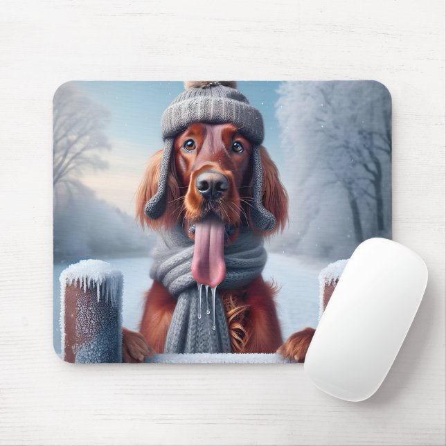 Tapis De Souris Setter irlandais avec Écharpe d'hiver et Casquette (Avec souris)
