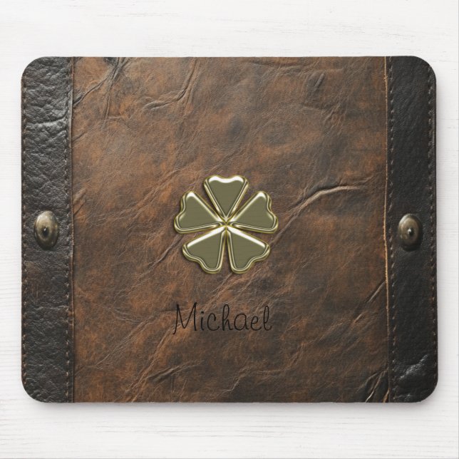 Tapis De Souris Shamrock d'or St.Patrick`s Day, Cuir Brown (Devant)