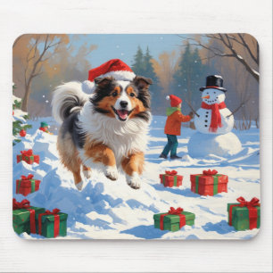 Tapis De Souris Shetland Sheepdog Courir La Neige Avec Le Casquett
