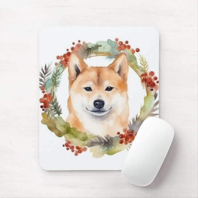 Tapis De Souris Shiba Inu Festive de la couronne de Noël Coupe (Avec souris)