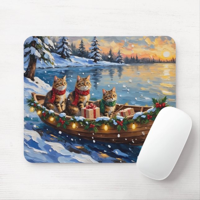 Tapis De Souris Siberian Cat Christmas Boat Holiday (Avec souris)