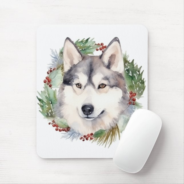 Tapis De Souris Sibérie Husky Christmas Wreath Festive Pup (Avec souris)