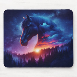 Tapis De Souris Silhouette de cheval dans un paysage de forêt de c