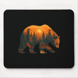 Tapis De Souris Silhouette d'ours homme avec paysage forestier et
