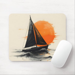 Tapis De Souris Silhouette du bateau à voile Sunrise