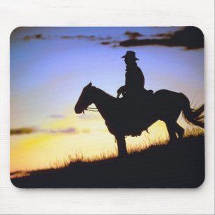 Tapis De Souris Silhouette du coucher de soleil de cowboy occident