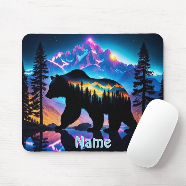 Tapis De Souris Silhouette d'un ours montrant le paysage naturel (Avec souris)