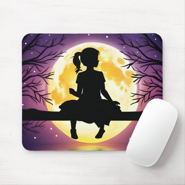 Tapis De Souris Silhouette Fille Sur Arbre Avec Lune (Avec souris)