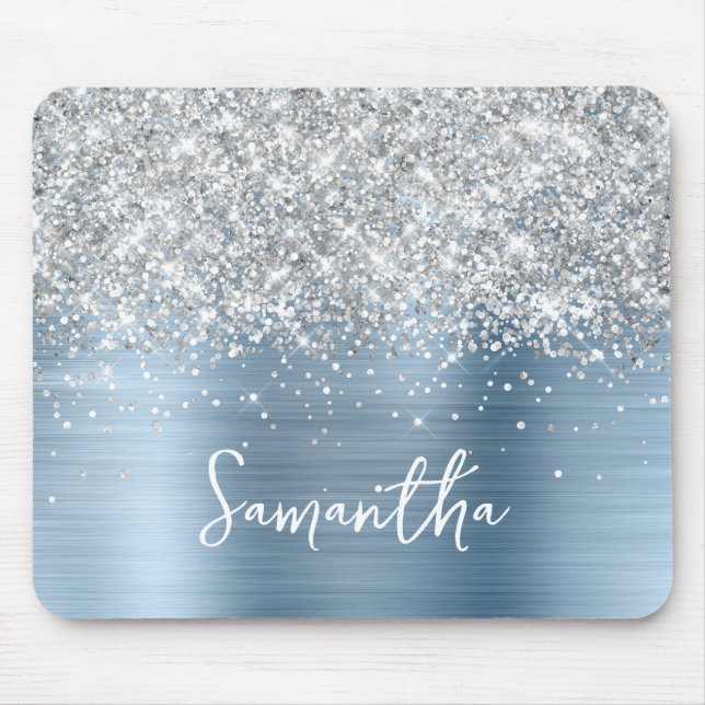 Tapis De Souris Silver Glitter Light Blue Glam Name (Devant)