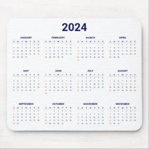 Tapis De Souris Simple 2024 Année En Un Coup D'Oeil Calendrier Ble