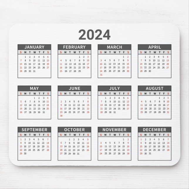 Tapis De Souris Simple 2024 Année En Un Coup D'Oeil Calendrier Gri (Devant)