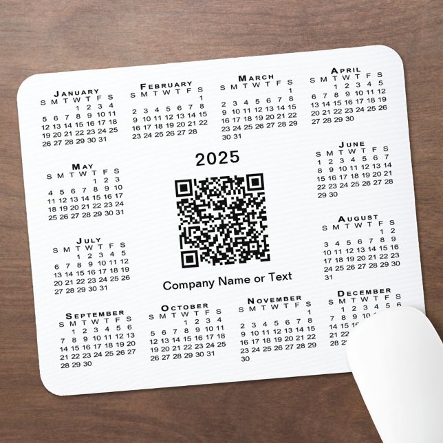 Tapis De Souris Simple 2025 Calendrier Business QR Code sur blanc (Simple 2025 Calendar Business QR Code on White Mouse Pad in situ)