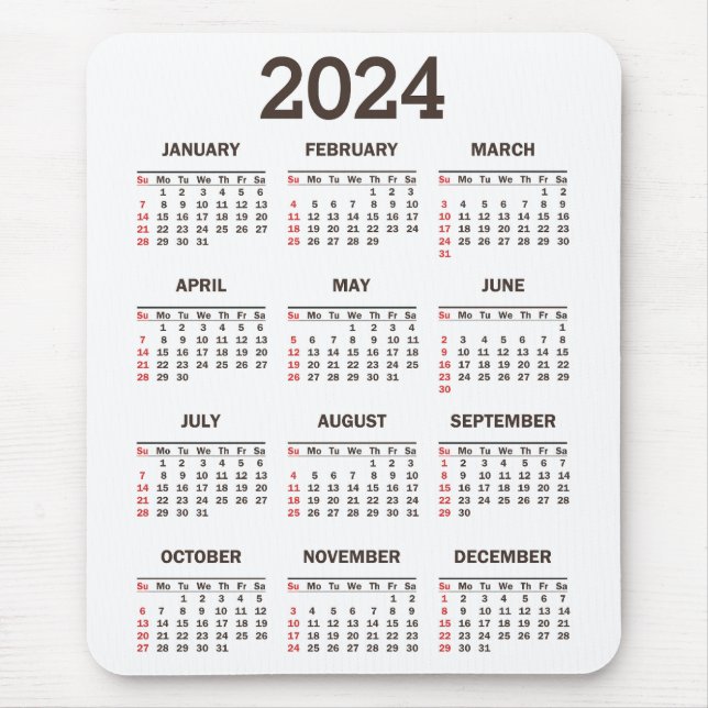 Tapis De Souris Simple Bold 2024 Année En Un Coup D'Oeil Calendrie (Devant)