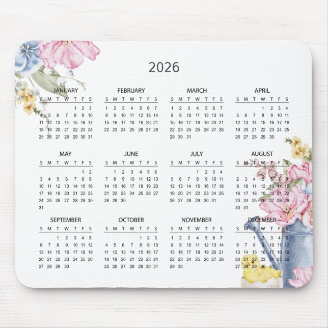Tapis De Souris Simple Elegant Botanical 2026 Calendar | Mousepad (Devant)