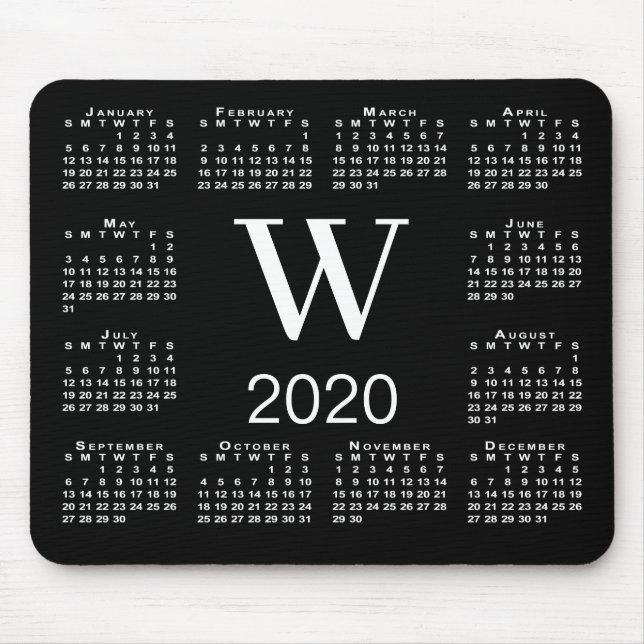 Tapis De Souris Simple Monogramme noir et blanc 2020 Calendrier (Devant)