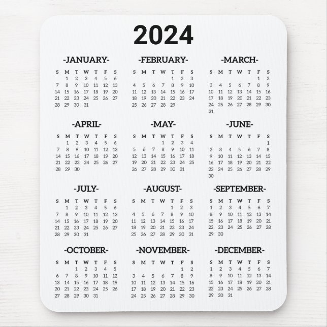 Tapis De Souris Simple Noir & Blanc 2024 Année en bref Calendrier (Devant)